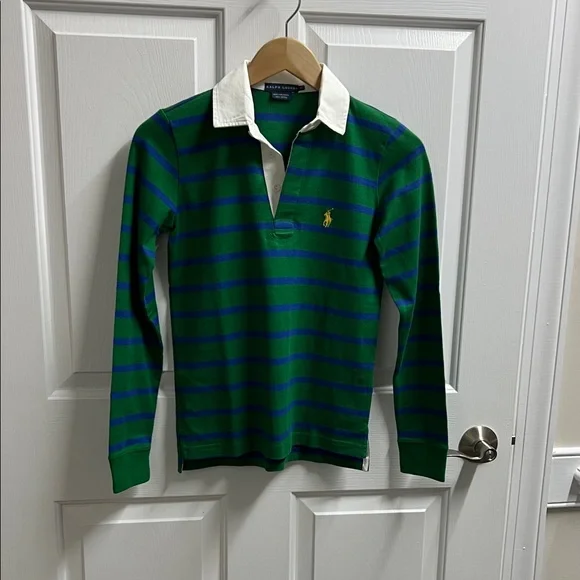 Polo Ralph Lauren women’s Green Blue Striped Long Sleeve Polo size xs - Picture 1 of 6